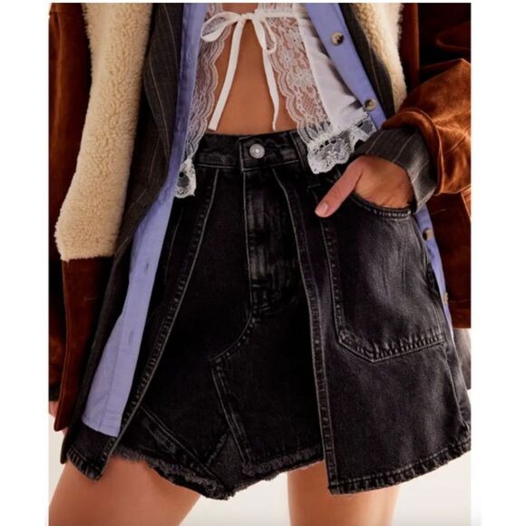 Free People We The Free Bare With Me Denim Mini Skirt in black Onyx combo NWOT - Picture 1 of 7